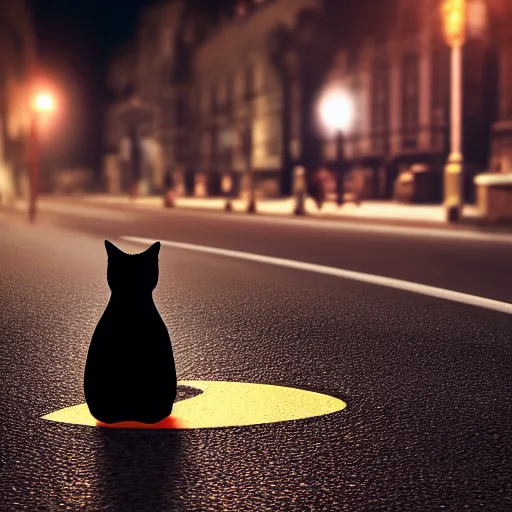 Image similar to black cat with big eyes in the middle of the street at mid night with the moon in the sky. Award winning. Unreal 5. Realistic. Highly detailed. Artstation. Professional photographer.