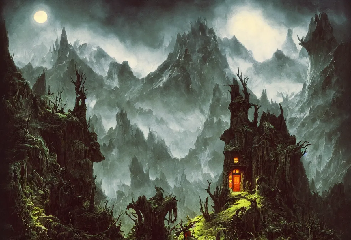 Prompt: small eerie cottage in woods full of demons, colorfully ominous mountains background, by rutkowsky and gerald brom and frazetta and rembrandt