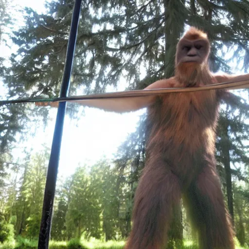 Image similar to Sasquatch practicing caber toss with trees