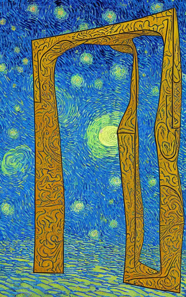 Image similar to rectangular portal gate to another world. fractal. retro minimalist art by jean giraud and van gogh