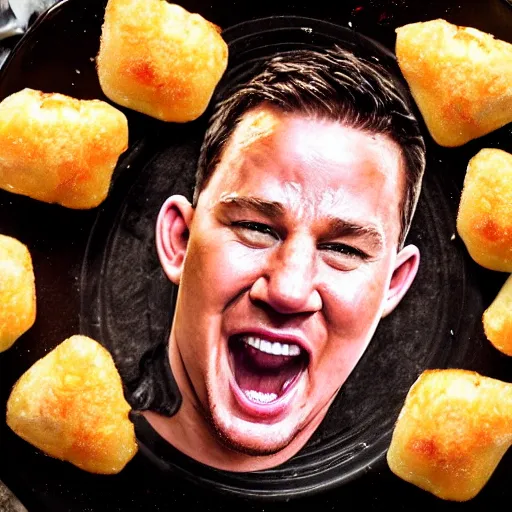 Image similar to food photo of channing tatum's face as giant tater tot on a plate with ketchup