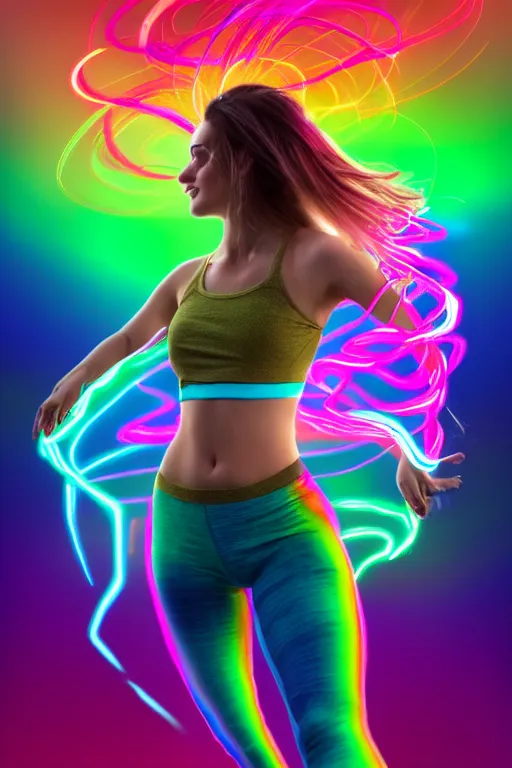 Image similar to a award winning half body portrait of a beautiful woman with stunning eyes in a croptop and leggings with reinbow colored ombre hairstyle head in motion and hair flying while dancing by thomas danthony, surrounded by whirling illuminated lines, outrun, vaporware, shaded flat illustration, digital art, trending on artstation, highly detailed, fine detail, intricate