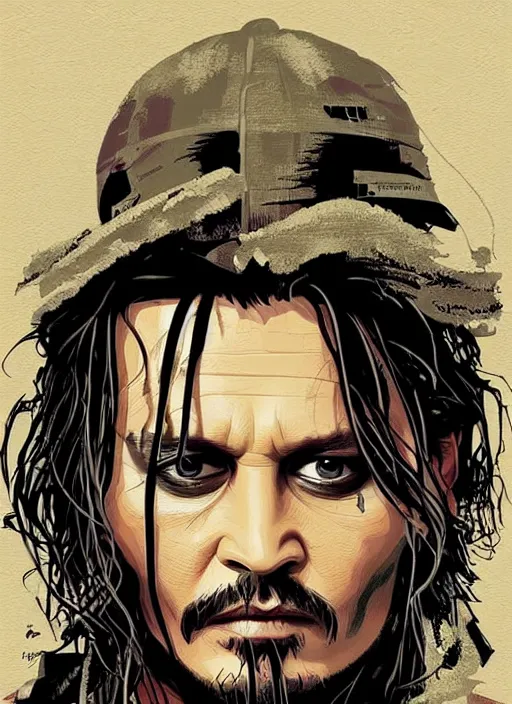 Image similar to highly detailed delirium face portrait of johnny depp in prison by petros afshar, tom whalen, laurie greasley, war face by greg rutkowski