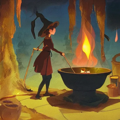 Image similar to a witch adding ingredients to her cauldron, concept art, ambient lighting lit only by the fires glow, studio Ghibli