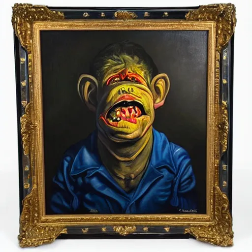 Image similar to Oil painting with black background by Christian Rex Van Minnen Robert Williams Todd Schorr of a portrait of an extremely bizarre disturbing mutated man with acne intense chiaroscuro lighting perfect composition