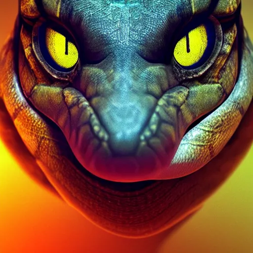 Image similar to photorealistic snake with a cat face. hyperdetailed photorealism, 1 0 8 megapixels, amazing depth, high resolution, 3 d shading, 3 d finalrender, 3 d cinematic lighting, glowing rich colors, psychedelic overtones, artstation concept art.