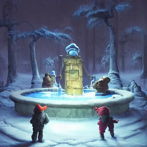 Prompt: papa smurf drinking from the fountain of knowledge in a midwinter night dream, dramatic lighting, cinematic, establishing shot, extremely high detail, photo realistic, cinematic lighting, post processed, concept art, artstation, matte painting, style by eddie mendoza, raphael lacoste, alex ross