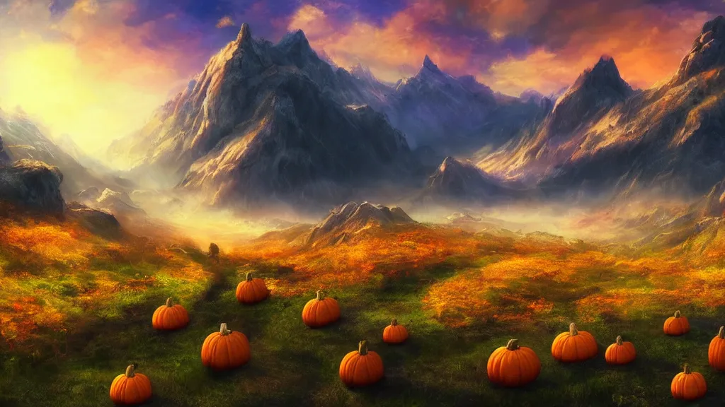 Prompt: small pumpkin patch , mountains, vale, Game of Thrones, volumetric lighting, fantasy artwork, very beautiful scenery, very realistic painting effect, hd, hdr, cinematic 4k wallpaper, 8k, ultra detailed, high resolution, artstation