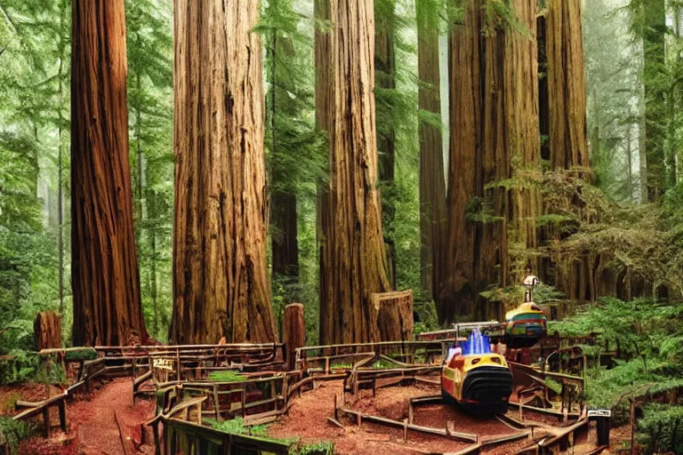 Image similar to fisher - price redwood forest, scene from a ridley scott movie