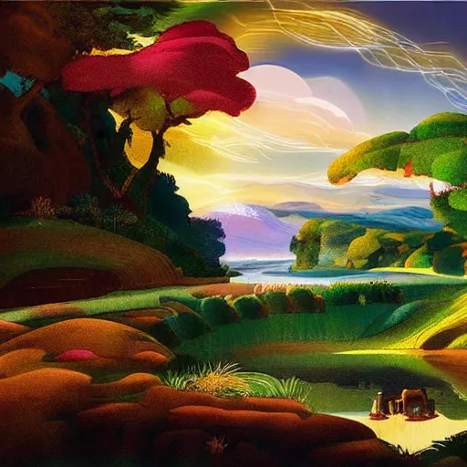 Prompt: A beautiful digital art of of a landscape. It is a stylized and colorful view of an idyllic, dreamlike world with rolling hills, peaceful looking animals, and a flowing river. The scene looks like it could be from another planet, or perhaps a fairy tale. studio lighting by Michelangelo rich details, daring