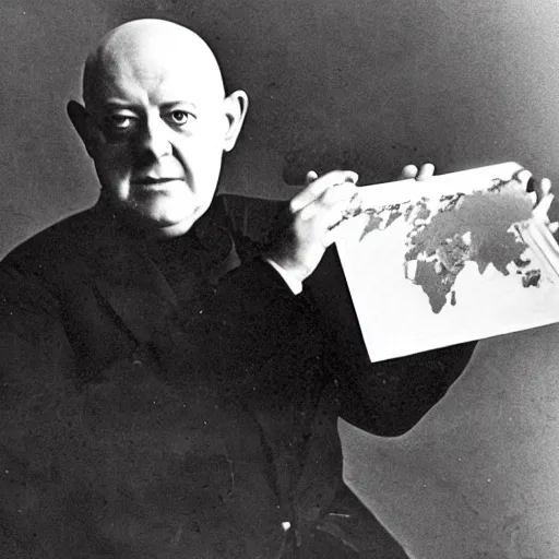 Prompt: Picture Aleister Crowley holding planet earth