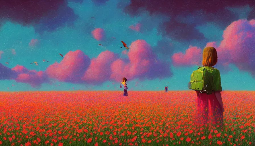 Prompt: girl with an blooming flower face, surreal photography, dream, standing in flower field, hills, big trees, sunrise dramatic light, impressionist painting, colorful clouds and birds in sky, digital painting, pointillism, artstation, simon stalenhag