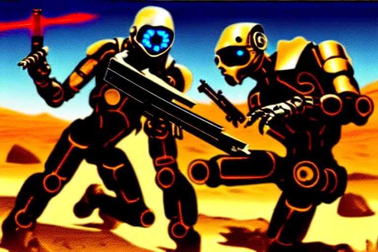 Image similar to cybernetic evil warzone bladed weapons razor projectiles humanoids goin stupid, desert scene