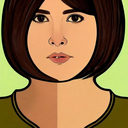 Image similar to chubby brunette woman with straight hair in a short bob, round face, romanian heritage, brown eyes, olive skin, bulbous nose, big chin, no bangs, digital art, cartoon, 8k, illustration, art nouveau, Alphonse Mucha, trending on artstation, medium shot, head shot