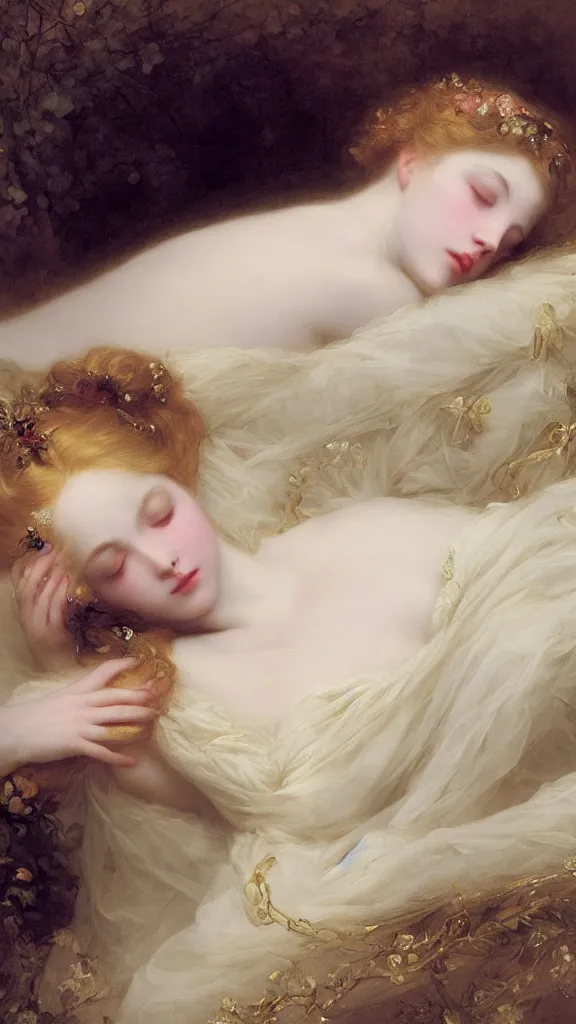 Image similar to blonde beautiful pale skin sleeping princess by franz xaver winterhalter and delphin enjolras and rebecca guay