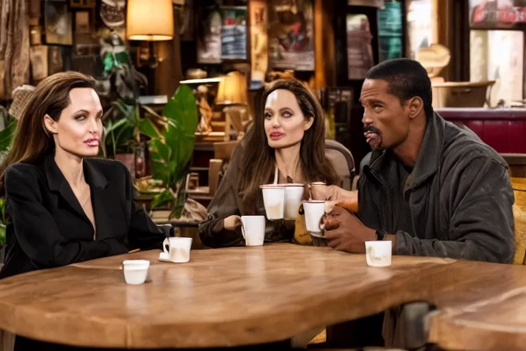 Image similar to angelina jolie and the predator, best friends, drinking coffee at central perk, still photo, hyperrealistic, 35mm, 8k, by weta digital