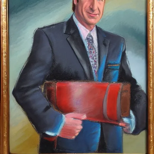 Prompt: an oil painting of saul goodman dressed as a businessman, pastel, art masterpiece, museum, on display