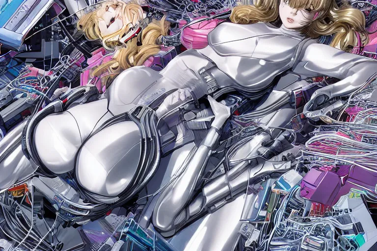 Image similar to a finely composed cyberpunk illustration of a group of white female androids' in style of hajime sorayama, lying on an abstract, empty, white floor with their body parts scattered around and cables and wires coming out, by katsuhiro otomo and masamune shirow, hyper-detailed, colorful, view from above, wide angle, close up, spacious