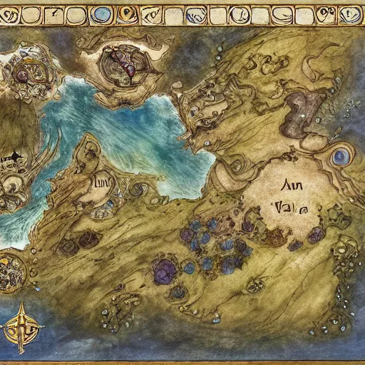 Prompt: simple fantasy map, the land of Odrua, several continents, world of Lute, by JRR Tolkien and Brian Froud, Vatican Map Room, fantasy concept painting, Magic The Gathering Art, trending on art station, showing kingdoms, oceans, continents, vast seas, open plains, baroque frame border