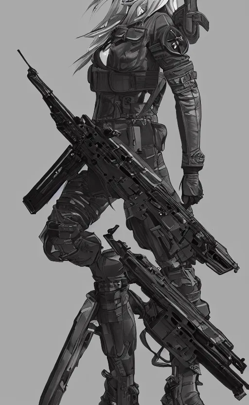 Image similar to highly detailed, high resolution, character design art, stunning, volumetric lightning, realistic guns, girls frontline style, matte, sharp focus, 130mm, illustration, artstation, by yusuke kozaki, professional, realistic human anatomy, simple design, realistic military gear, metal gear style, videogame inspired, quality artwork