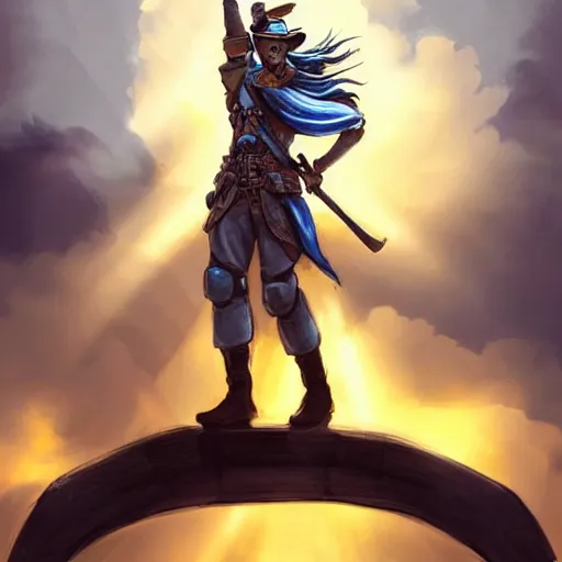 Prompt: a full body shot from distance of a great soldier with a yellow and blue flag standing in the beam of light from the clouds in a triumph after battle, western, masculine figure, D&D, fantasy, intricate, elegant, highly detailed, digital painting, artstation, concept art, matte, sharp focus, symmetrical, illustration, art by Artgerm and Greg Rutkowski and Alphonse Mucha