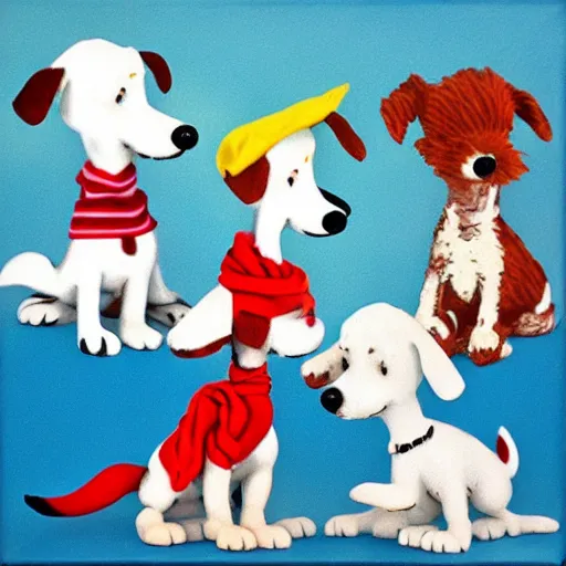 Image similar to 3 toy fox terriers flying a biplane, wearing red scarves flapping in wind, dramatic oil painting, snoopy the dog, style of charlie brown, aperture gradient