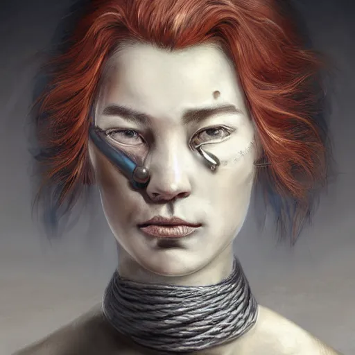 Image similar to portrait of a Shibari rope wrapped face and neck, headshot, insanely nice professional hair style, dramatic hair color, digital painting, of a old 17th century, old cyborg merchant, amber jewels, baroque, ornate clothing, scifi, realistic, hyperdetailed, chiaroscuro, concept art, art by Franz Hals and Jon Foster and Ayami Kojima and Amano and Karol Bak,