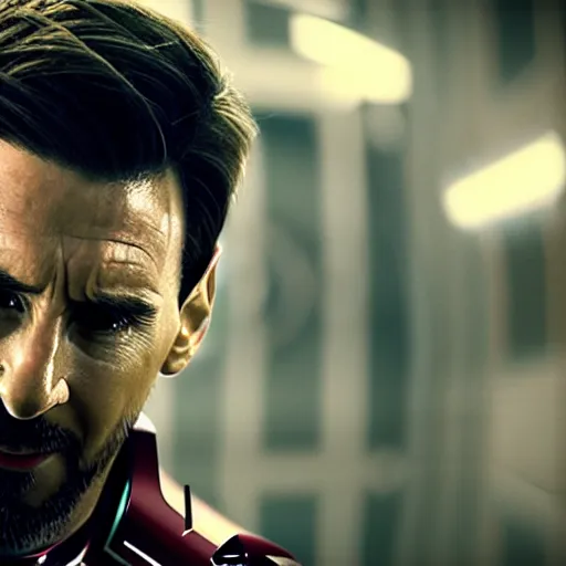 Image similar to Lionel Messi as Ironman in The Avengers, Marvel, Film Still, 35mm dramatic lighting, cinematic, deep focus, styleframe,