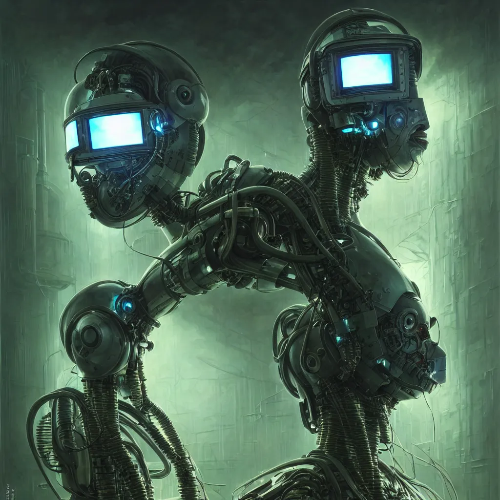 Image similar to low angle shot of a cyberpunk robot character wearing a gazmask in chernobyl, green eyes, intricate, elegant, highly detailed, centered, digital painting, artstation, concept art, smooth, sharp focus, illustration, artgerm, Tomasz Alen Kopera, Peter Mohrbacher, donato giancola, Joseph Christian Leyendecker, WLOP, Boris Vallejo