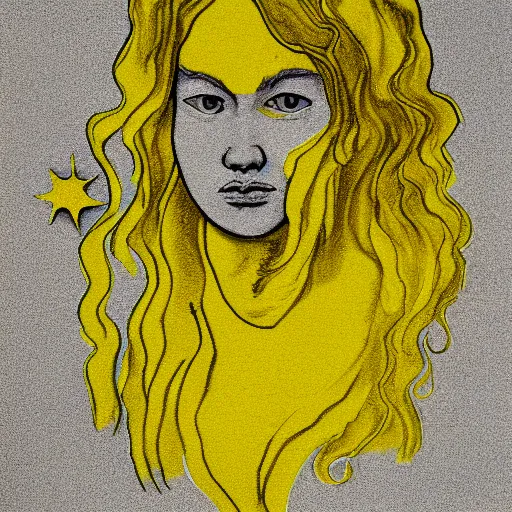 Image similar to monochrome yellow astrological portrait of a melancholic lady 3 6 years old, with name