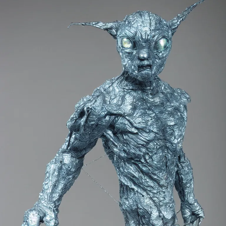 Prompt: hyperrealistic sculpture of a silver fossilized chibi ultraman kaiju dusted with opalescent blue spraypaint and ferns in a nylon grid cage on a pedestal by ron mueck and duane hanson and lee bontecou, hyperrealistic dramatic colored lighting trending on artstation 8 k