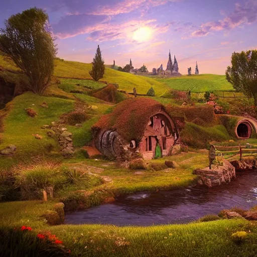 Image similar to A very detailed matte painting of Hobbiton near a river in the countryside, evening, Moebius, Artstation