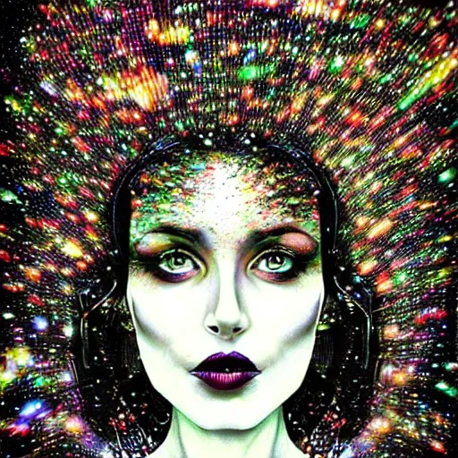 Image similar to woman portrait made out of galaxies, beautiful, cyborg, tim burton comic book art, realistic, highly detailed