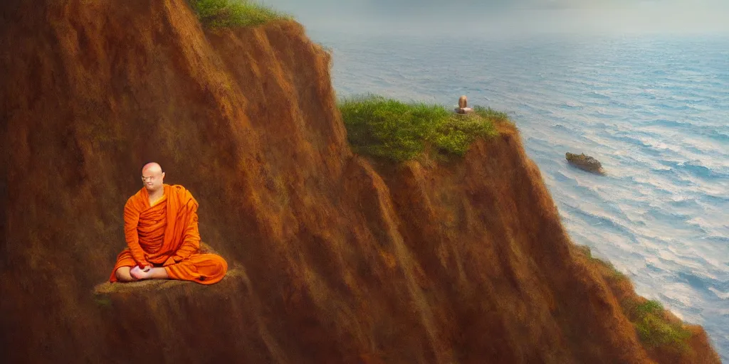 Image similar to A cliff with a narrow ledge looks out onto a vast ocean a monk sits on the ledge in the lotus position, cinematic lighting, detailed oil painting, hyperrealistic, 8k