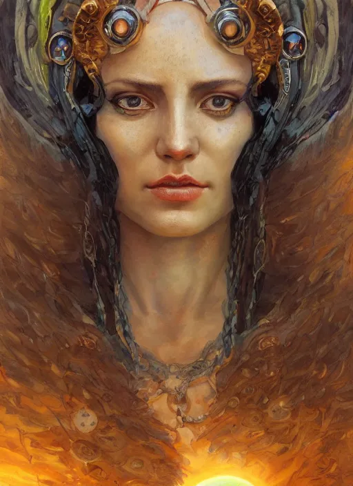 Prompt: biblical shy beautiful female druid android, heavy eyes to the side, closeup, bright glowing veins, in clouds, sunset, portrait, by gerald brom, by mikhail vrubel, by peter elson, muted colors, extreme detail, reflections, trending on artstation, 8 k