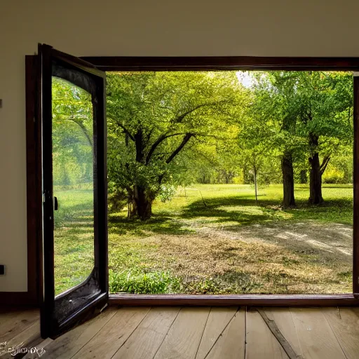 Image similar to a cinematic view looking out a window into an open field, wind blows the leaves, and the sun shines through the parted clouds, a small creek runs through the backyard