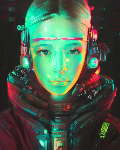 Image similar to detailed portrait Neon Operator Girl, cyberpunk futuristic neon, reflective puffy coat, decorated with traditional Japanese ornaments by Ismail inceoglu dragan bibin hans thoma greg rutkowski Alexandros Pyromallis Nekro Rene Maritte Illustrated, Perfect face, fine details, realistic shaded, fine-face, pretty face