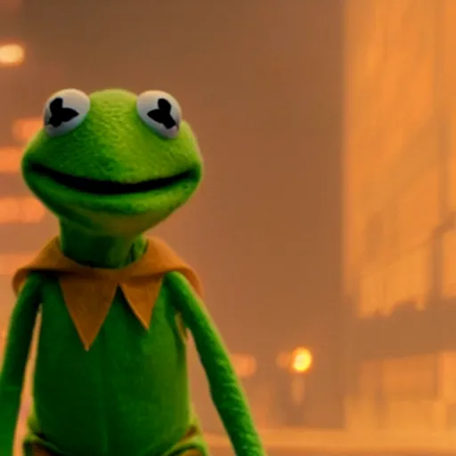 Image similar to a still of kermit the frog, from blade runner 2 0 4 9