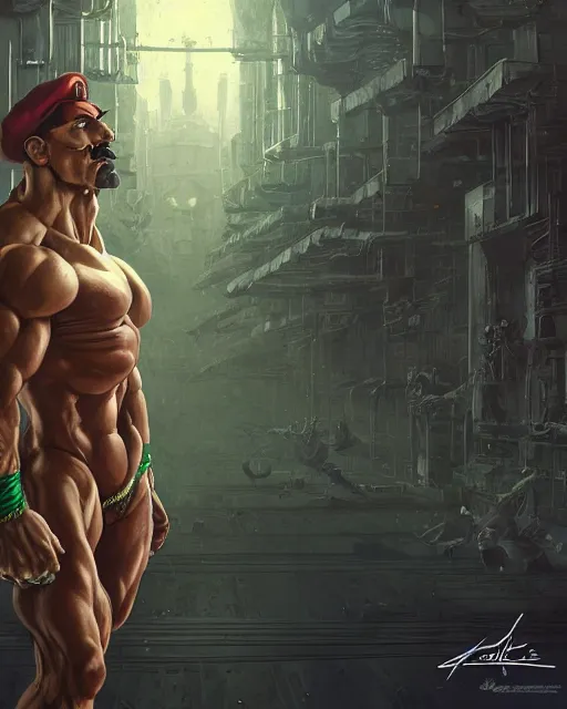 Image similar to luigi bodybuilder in a ensemble, ernest khalimov body by krista sudmalis, fantasy character portrait, ultra realistic, futuristic background by laurie greasley, concept art, intricate details, highly detailed by greg rutkowski, ilya kuvshinov, gaston bussiere, craig mullins, simon bisley