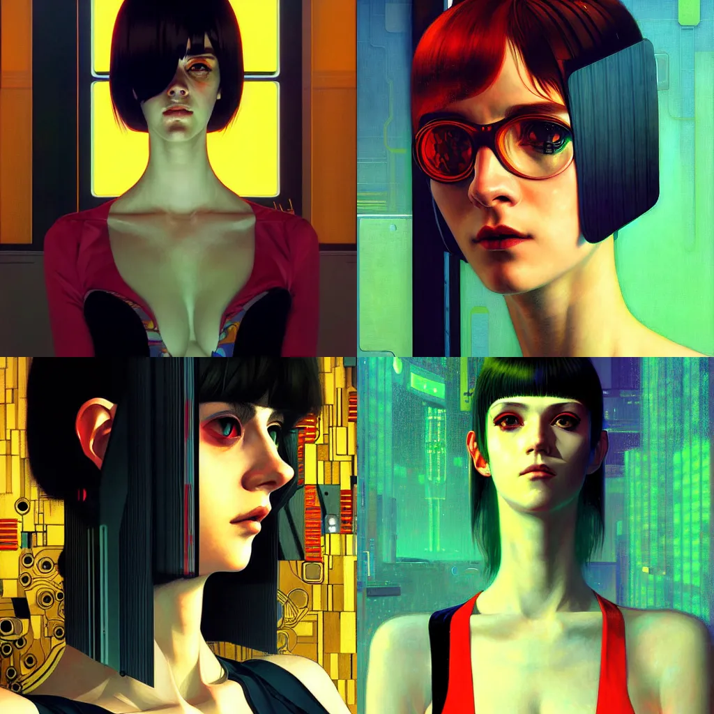 Prompt: A cyberpunk portrait painted by Ilya Kuvshinov and Gustav Klimt and Edward Hopper