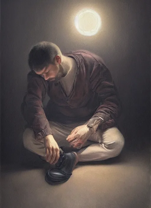 Image similar to insanely detailed chiaroscuro image of a sleepy - looking programmer guy on his knees in front of his glowing ultrawide monitor begging for forgiveness, oil on canvas, masterwork, fine detail, trending on artstation, emotive, insanely compelling, ryden, koons, moebius