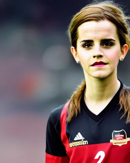 Image similar to a portrait of emma watson as a lokomotiv football player, hyper realistic