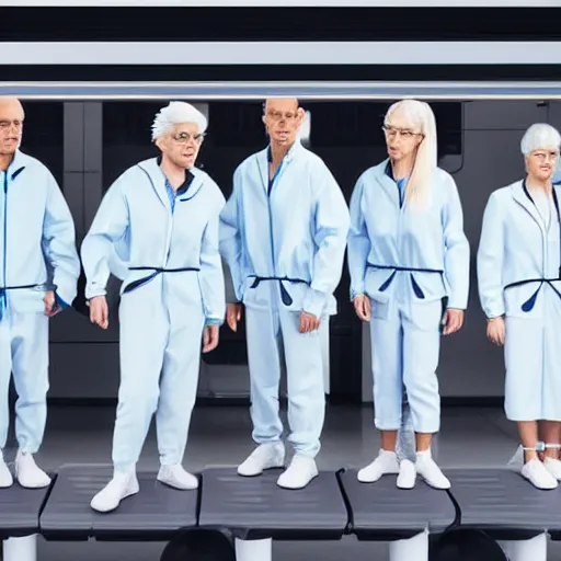 Image similar to group of identical athletic humans with light blue neoprene suits and white hair standing in a line on a conveyor belt, background of advanced futuristic laboratory, sci - fi, highly detailed, hyperrealistic