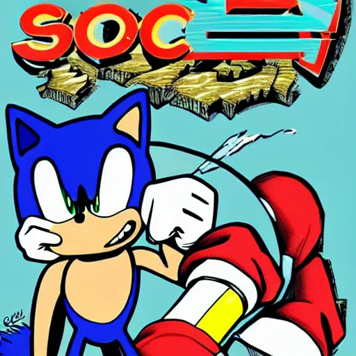 Prompt: sonic the hedgehog, in the style of sega genesis, cartoon, illustration by jean giruad!!!!!!!