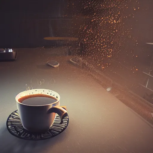 Image similar to : a sloppy cup of coffee with fluid flying out the cup hyperbolic ,hyper detailed art station  parabolic lighting unrealengine ,cinematic, hyper realism, high detail, octane render, 8k