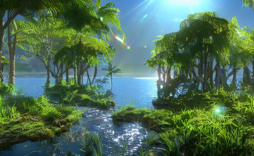 Prompt: photorealistic aetherpuinlberpunk lakehousein a lush dessert oasis. daylight. sunlight. lens flare. light fixtures. 8K. detailed. photorealism. artstation. 25mm f/1.7 ASPH Lens. ultra realistic