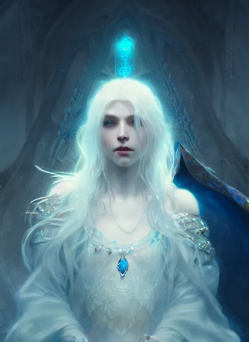 Image similar to a beatiful white haired princess with blue colored eyes, adorned with precious stone jewelry, intricate concept art, ethereal, ominous, misty, dramatic lighting, Octane Render, 8k, Ruan Jia and Jeremy Mann and Alphonse Mucha