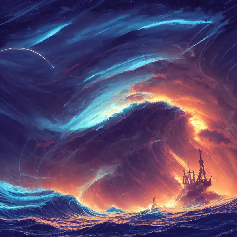 Image similar to treasure planet, ship on a stormy sea with huge waves, clouds, stars, rings, beautiful lighting, vivid colors, intricate, elegant, smooth, highly detailed digital painting, concept art, cinematic, unreal engine, wallpaper, by syd mead, terada katsuya, atey ghailan, svetlin velinov, makoto shinkai art style