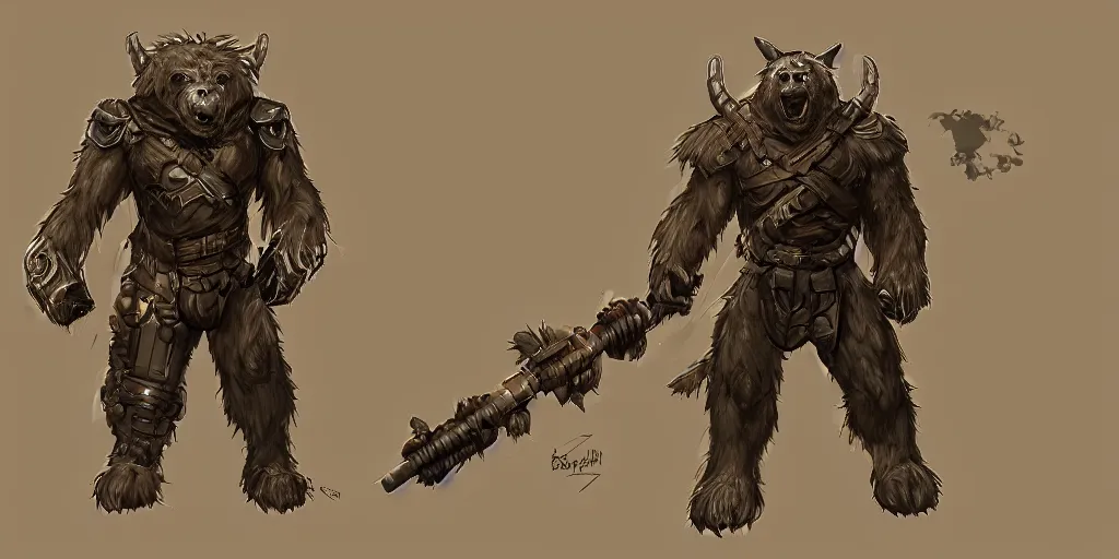 Image similar to concept art of a high fantasy bear beast-man space soldier using a bazooka trending on artstation, detailed high resolution