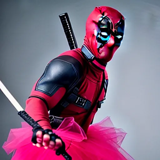Image similar to Deadpool wearing a pink tutu doing a ballerina pose, holding his bloody katana, smiling at the viewer